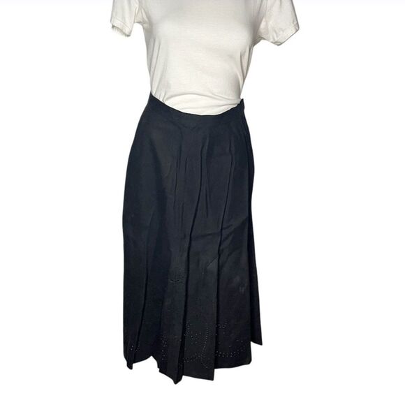 LAUREN RALPH LAUREN Black Midi Skirt Linen Blend Full Skirt Eyelet Womens Size 8 - Picture 1 of 9